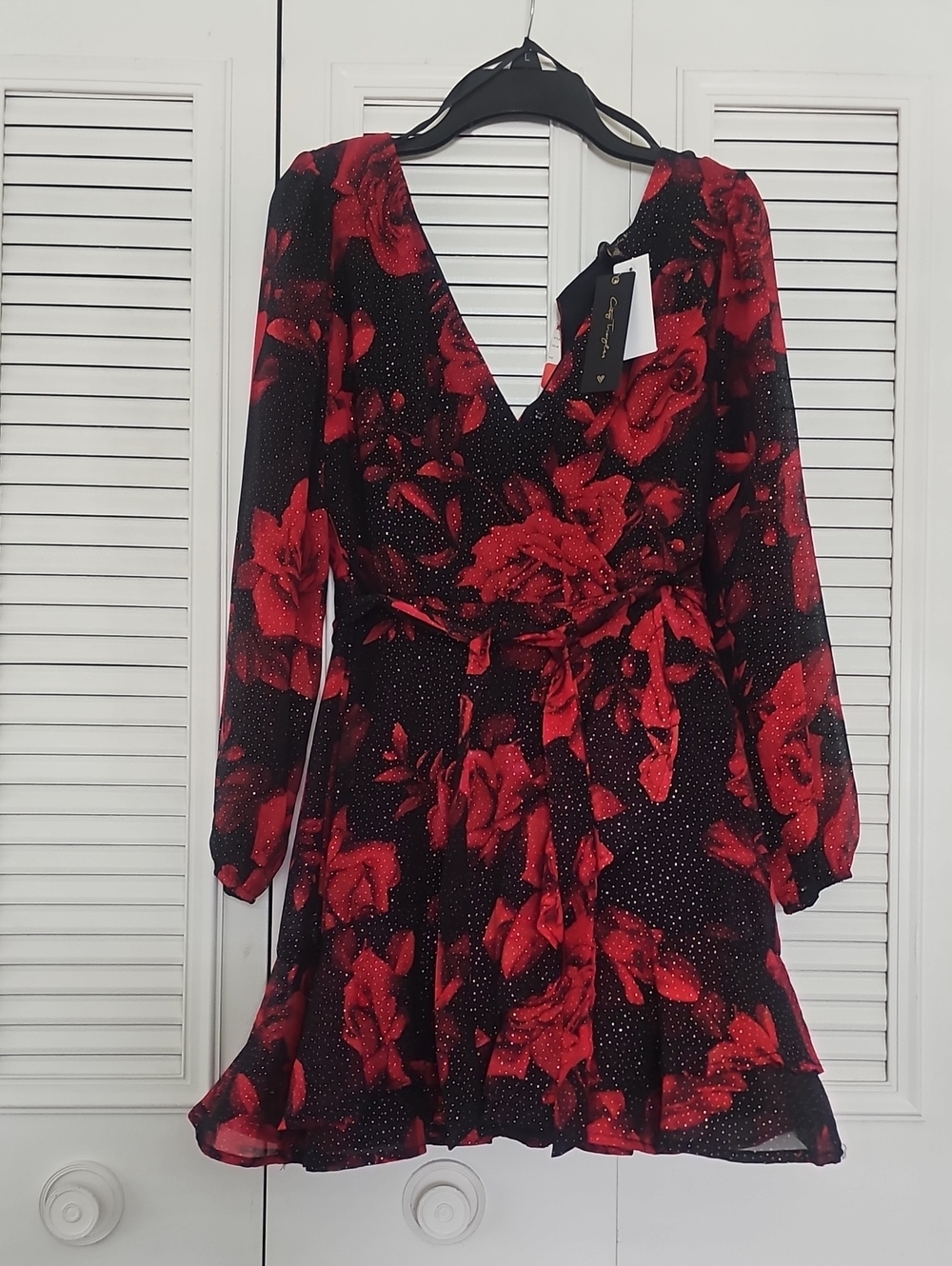 City Triangles Black and Red Rose Wrap Mini Dress